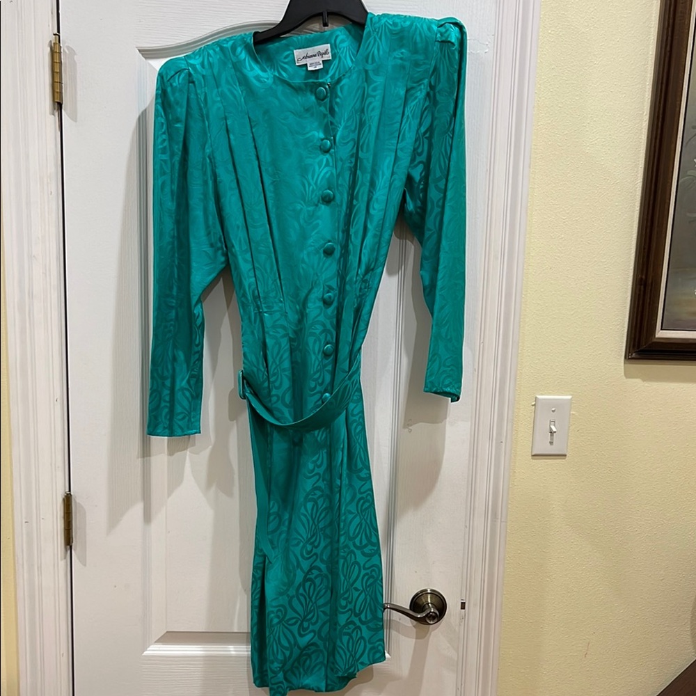 Vintage Teal Button-Up Dress with Belt size 14 with shoulder pads